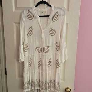 Chic White and Brown Leaf Pattern Dress